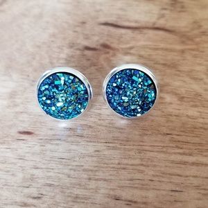 Blue druzy quartz crystal stud earrings